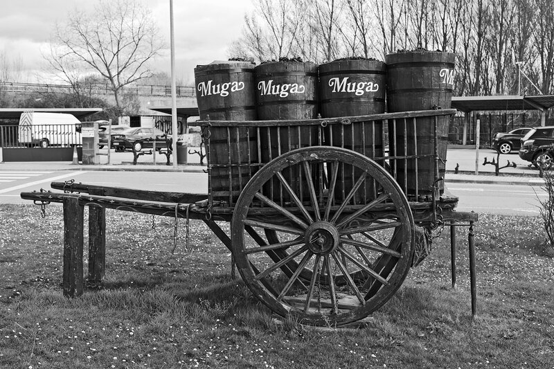 SPN19_5542.jpg :: Old Horse Drawn Wooden Cart used for tranporting Barrels of Wine opposite Bodegas Muga, Haro, La Rioja, Spain