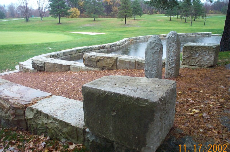 Completed installation of reclaimed Bridgestone wall Powderhorn Country Club Madison OH Hole 6.jpg :: Completed installation of the Reclaimed Bridgestone retaining wall at Powderhorn Country Club in Madison OH Hole 6