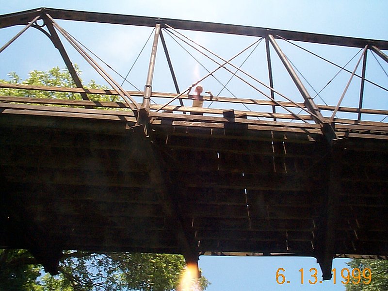 Looking up at K E Rush on the B and O Railroad Overpass with Bridgestone Abutment Sandstone.jpg :: Looking up at K E Rush on the soon to be demolished Keystone Bridge Company B&O Railroad Overpass near FREDERICKTOWN OH 