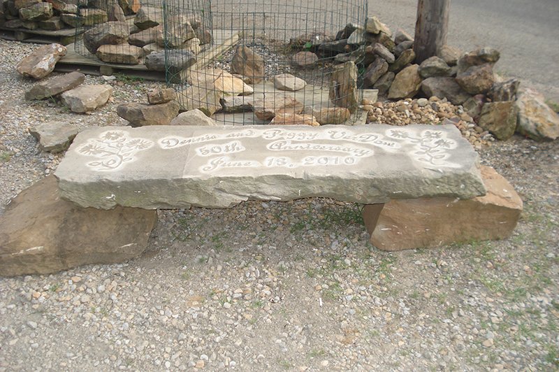 Memorial Bench with Anniversary etched into a curbstone slab on two sandstone rock pedestals 2.jpg :: Memorial Bench with Anniversary etched into a curbstone slab on two sandstone rock pedestals