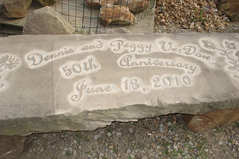 Memorial Bench with Anniversary etched into a curbstone slab on two sandstone rock pedestals 3.jpg :: Memorial Bench with Anniversary etched into a curbstone slab on two sandstone rock pedestals