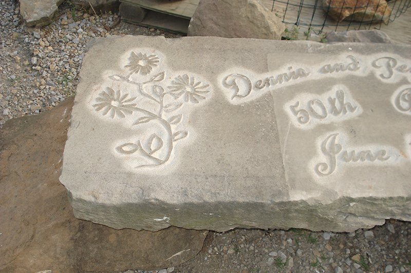 Memorial Bench with Anniversary etched into a curbstone slab on two sandstone rock pedestals 4.jpg :: Memorial Bench with Anniversary etched into a curbstone slab on two sandstone rock pedestals