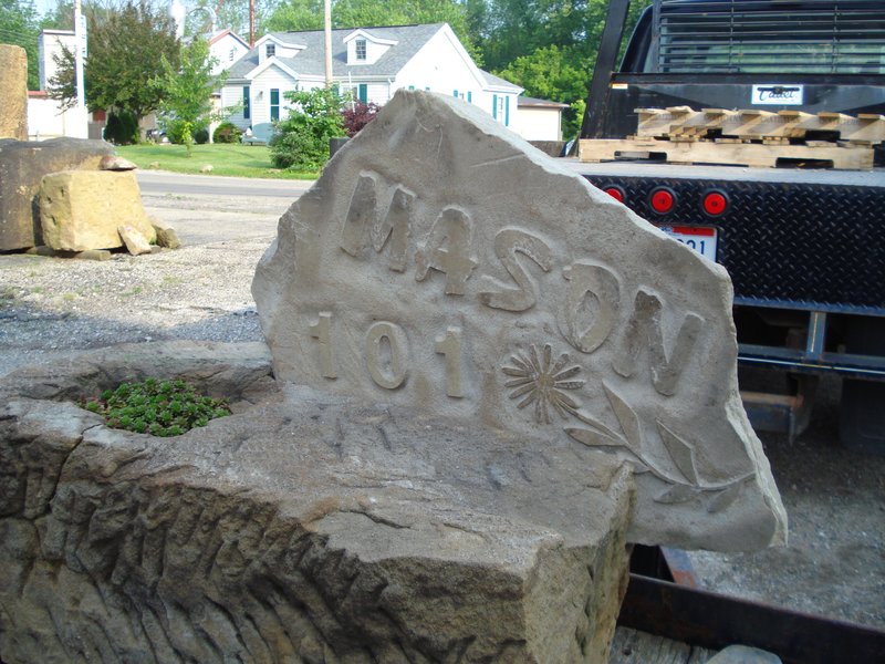 Reclaimed Barnstone Address Marker pedestal planter and slab with Mason 101 with flower etching.jpg :: Reclaimed Barnstone Address Marker pedestal planter and slab with Mason 101 with flower etching
