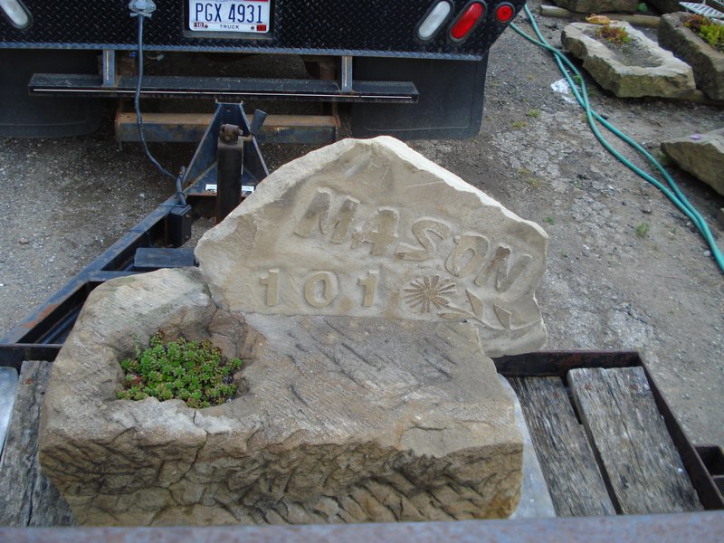 Reclaimed Barnstone Address Marker pedestal planter and slab with Mason 101 with flower.jpg :: Reclaimed Barnstone Address Marker pedestal planter and slab with Mason 101 with flower etching
