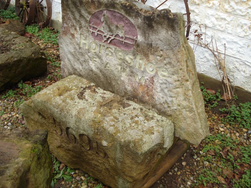 Reclaimed Bridgestone sign with 5695 and Horseshoe Farm etched into a slab in a pedestal.jpg :: Reclaimed Bridgestone sign with 5695 and Horseshoe Farm etched into a slab in a pedestal 