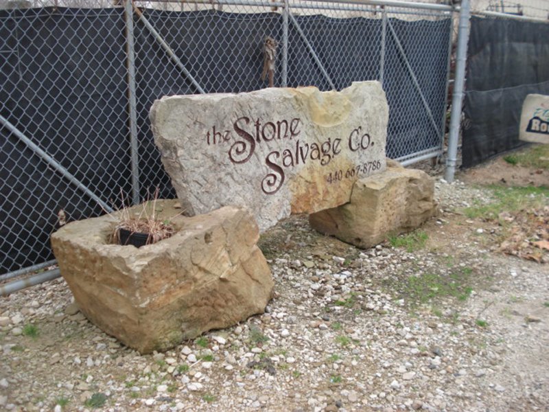 Reclaimed Bridgestone sign with the STONE SALVAGE Company etched in a slab in planter pedestals.jpg :: Reclaimed Bridgestone sign with the STONE SALVAGE Company etched into a slab in planter pedestals