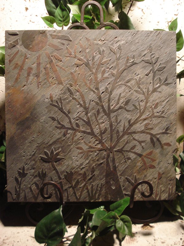 Slate Tile Art of Tree Sun and Flowers.jpg :: Slate Tile Art of Tree Sun and Flowers