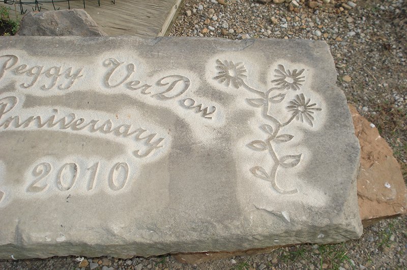 Stone Bench with Anniversery on curbstone slab on two sandstone rock pedestals 5.jpg :: Stone Bench with Anniversery on curbstone slab on two sandstone rock pedestals