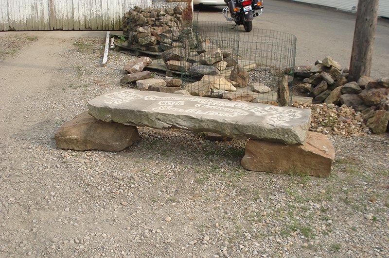 Stone Bench with Anniversery on curbstone slab on two sandstone rock pedestals.jpg :: Stone Bench with Anniversery on curbstone slab on two sandstone rock pedestals