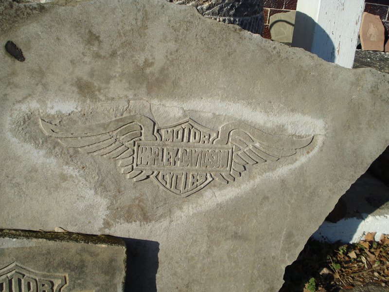 Stone Logo Sign of Harley Davidson with shield and wings etched into sandstone 2.jpg ::  Stone Logo Sign of Harley Davidson with shield and wings etched into sandstone