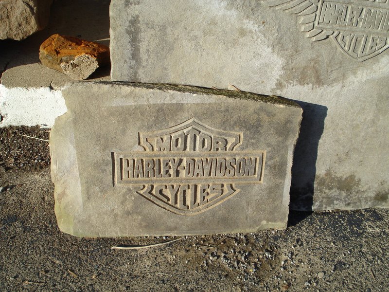 Stone Logo Sign of Harley Davidson with shield and wings etched into sandstone 3.jpg :: Stone Logo Sign of Harley Davidson with shield and wings etched into sandstone