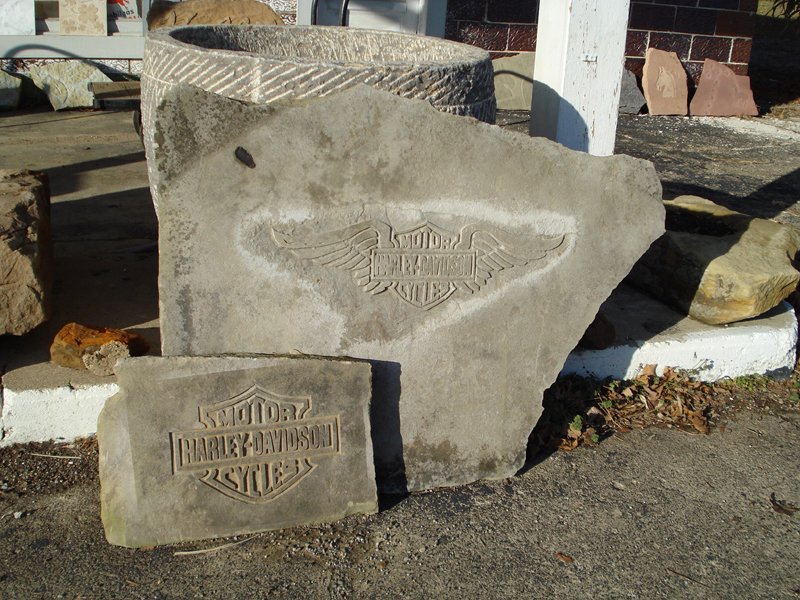 Stone Logo Sign of Harley Davidson with shield and wings etched into sandstone.jpg :: Stone Logo Sign of Harley Davidson with shield and wings etched into sandstone                             
