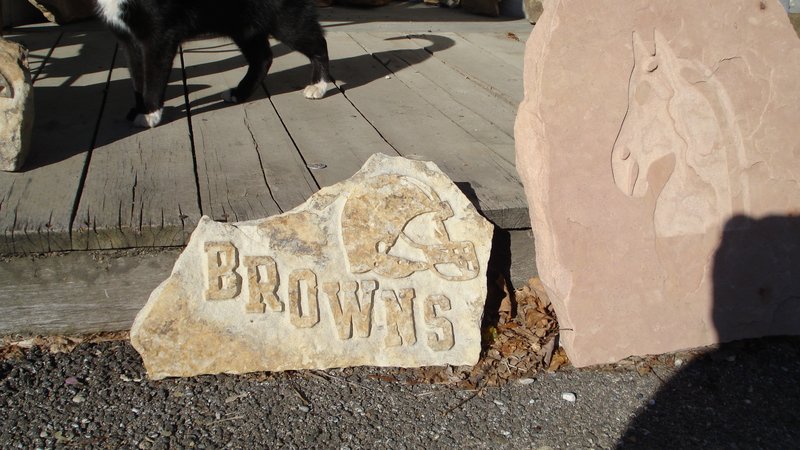 Stone Logo Sign of the Cleveland Browns etched into sandstone.jpg :: Stone Logo Sign of the Cleveland Browns etched into sandstone