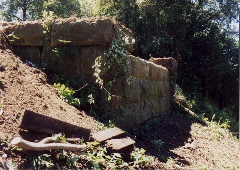 The exposed Eastern Bridgestone Abutment Sandstone of a B and O Railroad Overpass.jpg :: The exposed Eastern Bridgestone Abutment Sandstone of a Keystone Bridge Company B&O Railroad Overpass near FREDERICKTOWN OH