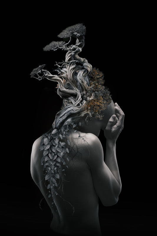 BH-3.jpg :: The network structure created by the forest is very similar to the neural network of the human brain. Trees are connected to each other beyond the individual by a web of mycorrhizal fungi that stretches across the ground. I created this series based on my vision of a harmonious connection between human and plant intelligence.
