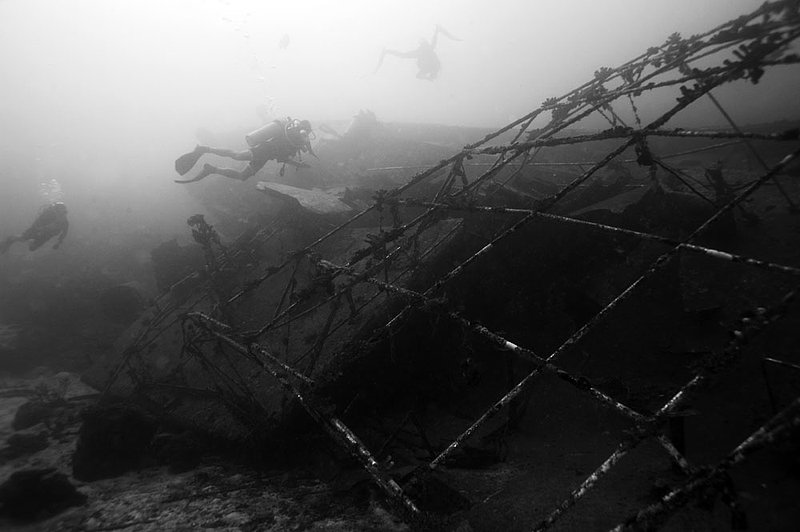 IMG_3413.jpg :: Divers explore a liveaboard wreck at Beacon Reef, Similan Islands, Andaman Sea, Thailand.