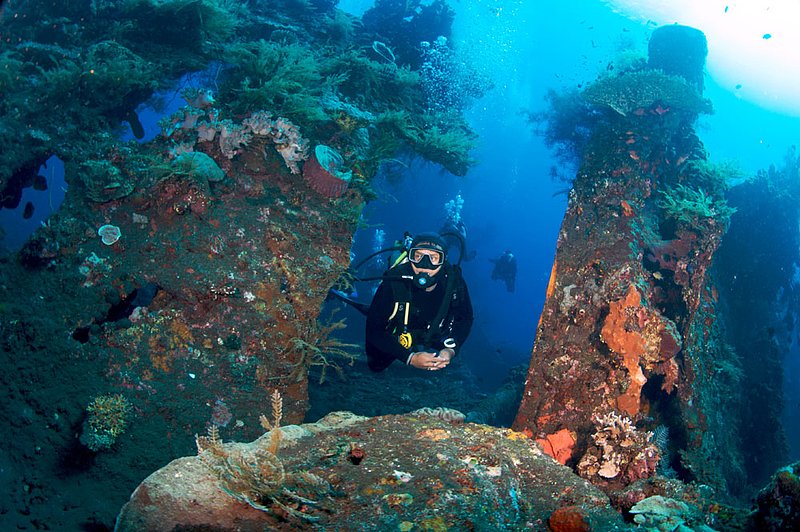 IMG_8934 92.jpg :: Divers explore the World War II Liberty Wreck off of Tulamben, Bali, Indonesia, Indian Ocean.