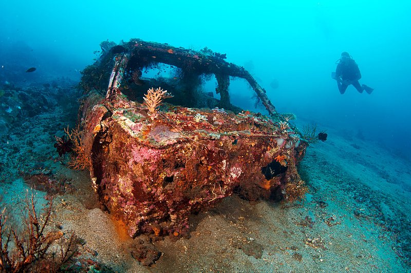 IMG_9901 155.jpg :: A sunken car housing new reef growth off of Tulamben, Bali, Indonesia, Indian Ocean.