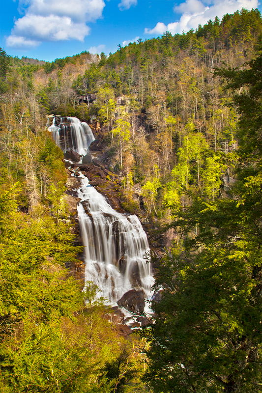 NC014.jpg :: Portrait view (with partial rainbow) of the tallest waterfall in the East, Whitewater Falls plunges 411 feet down a beautiful mountain side / Toxaway NC - Spring 2013