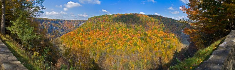 NY056.jpg :: Fall colors really come through as seen at an overlook just below Lower Falls in Letchworth State Park in this panoramic presentation - NY Fall 2007