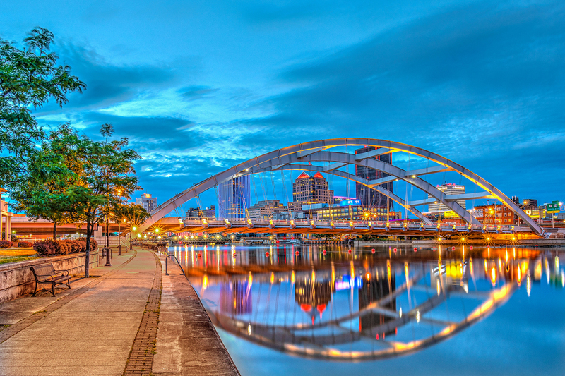 NY701.jpg :: Looking down river along the Genesee at downtown Rochester with its newest lighting scheme & mirrored reflection

Rochester NY - Summer 2019