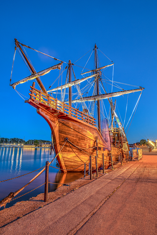 NY705.jpg :: A twilight view of the tall ship, NAO SANTA MARIA as it sits nestled at the Port Of Rochester

Rochester NY - Summer 2019