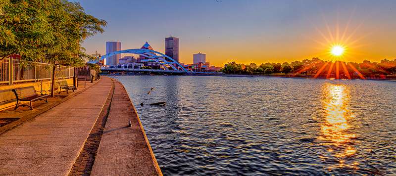 NY772b.jpg :: A warm sunrise illuminates this Rochester area in this 8\