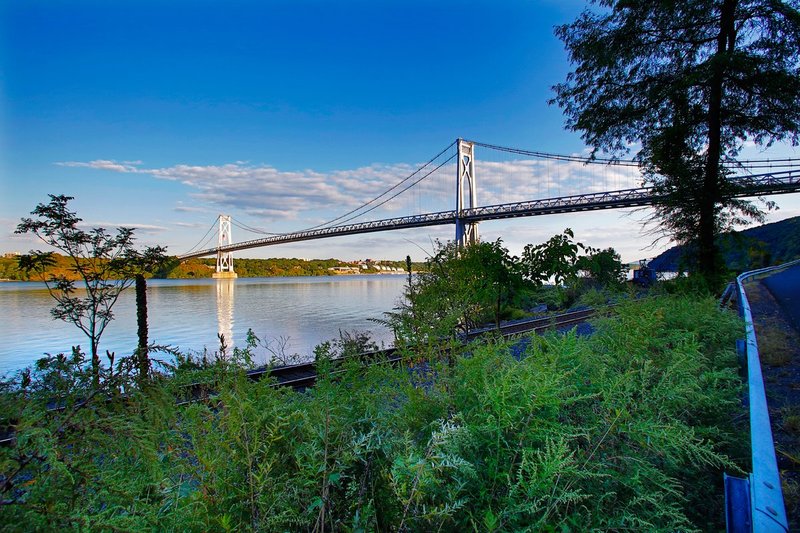 NY386.jpg :: The view from below of the Mid Hudson Bridge as it crosses over the Hudson River

Highland NY - Summer 2014