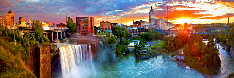 NY213p.jpg :: High Falls sunset panoramic on a cool summer evening - Prints sizes: 14\