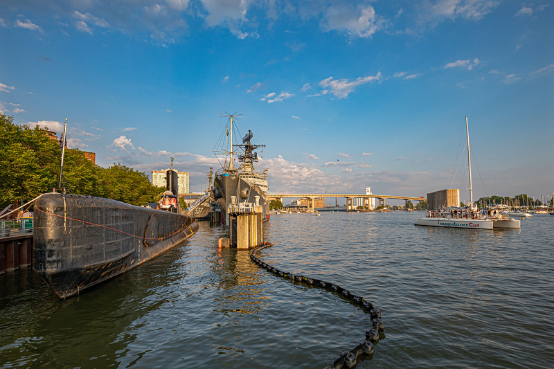 NY714.jpg :: Near the mouth of the Buffalo River can be seen the Naval & Military Park, with Canalside & the Skyway in the distance

Buffalo NY - Summer 2019