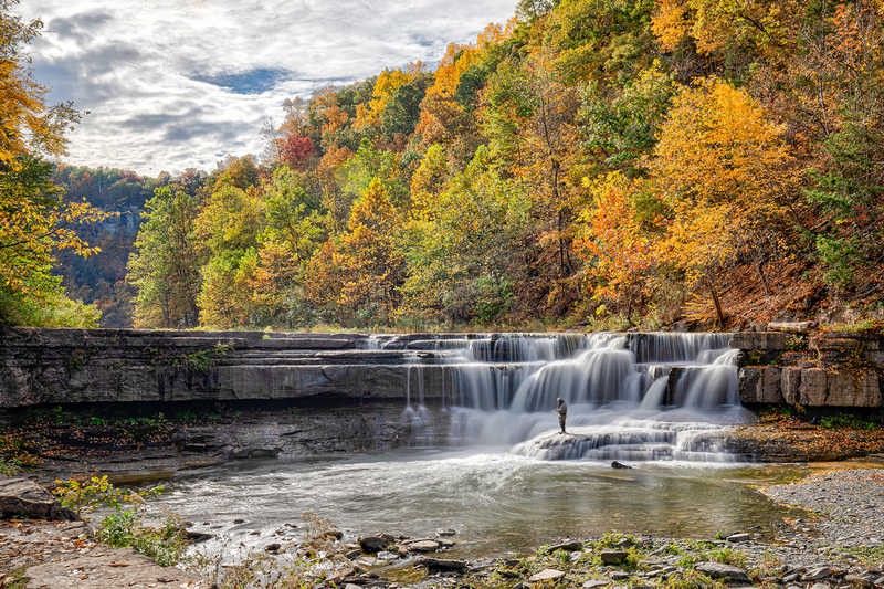 NY738.jpg :: A fisherman perched on a ledge in the valley at Taughannock Falls

Trumansburg NY - Fall 2019