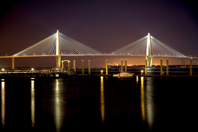 SC002.jpg :: Night view of the Cooper River Bridge as it crosses Charleston Harbor in Charleston SC Spring 2007