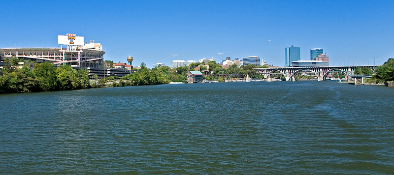 TN012.jpg :: From the stern of the Tennessee Riveroat on the Tennessee River, a look back at the city skyline of Knoxville TN Fall 2007
