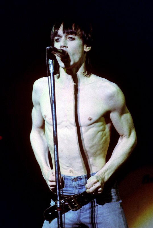 Iggy 4-13-77  111.jpg :: Bowie agreed to tour & play keyboards on Iggy's 1977 tour..trying to get a good photo of Bowie on stage was difficult as he sat way off to the side & in the dark..it was Iggy's show anyway, but the lights finally came down on Bowie at the very end...