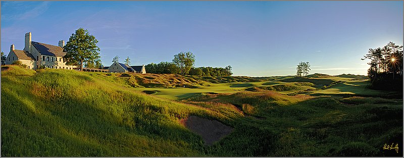 09  W102a--1852  1200px  V1  SS.jpg :: 18th hole and the clubhouse on the Straits course at Whistling Straits; Haven, Wisconsin. Photograph by Paul Hundley