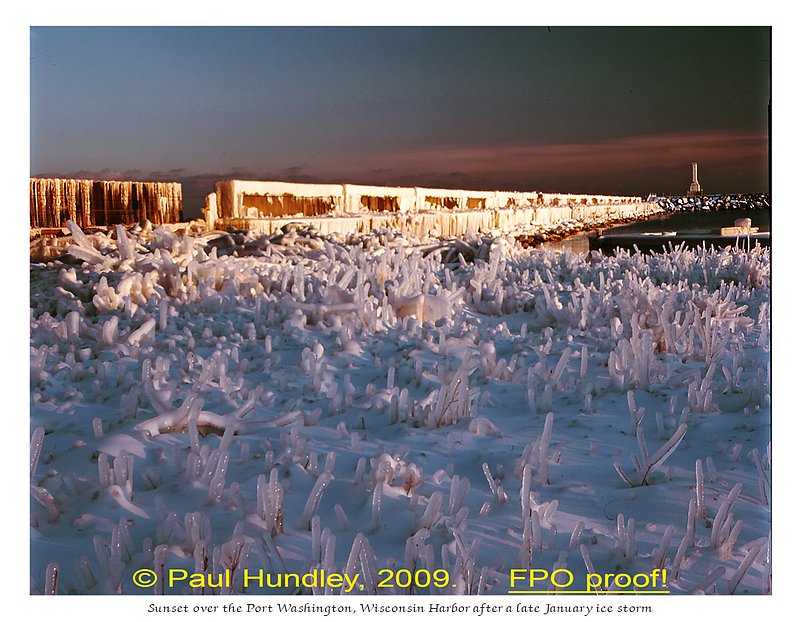 20  Port Washington  013.jpg :: The Port Washington (Wisconsin) harbor after an ice storm; sunset.  January, 2010.  Photograph by Paul Hundley.