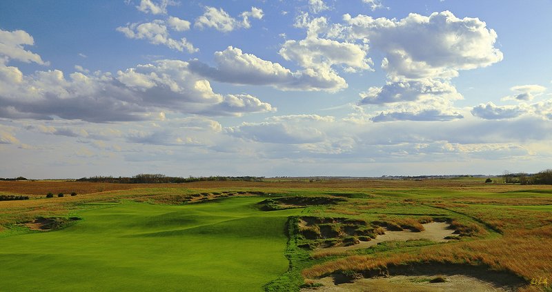 A106--1266 with signature.jpg :: The 12th green and surround at Awarii Dunes, a private golf club located in Kearney, Nebraska.  Designed by Jim Engh and built by Neibor Construction.  May, 2011; PM shoot.  Photograph by Paul Hundley.
