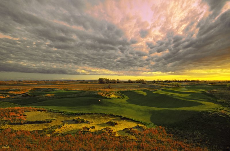 A106--1272 with signature.jpg :: The 12th hole (right) and 13th green (upper left) at Awarii Dunes, a private golf club located in Kearney, Nebraska.  Designed by Jim Engh and built by Neibor Construction.  May, 2011; PM shoot.  Photograph by Paul Hundley.