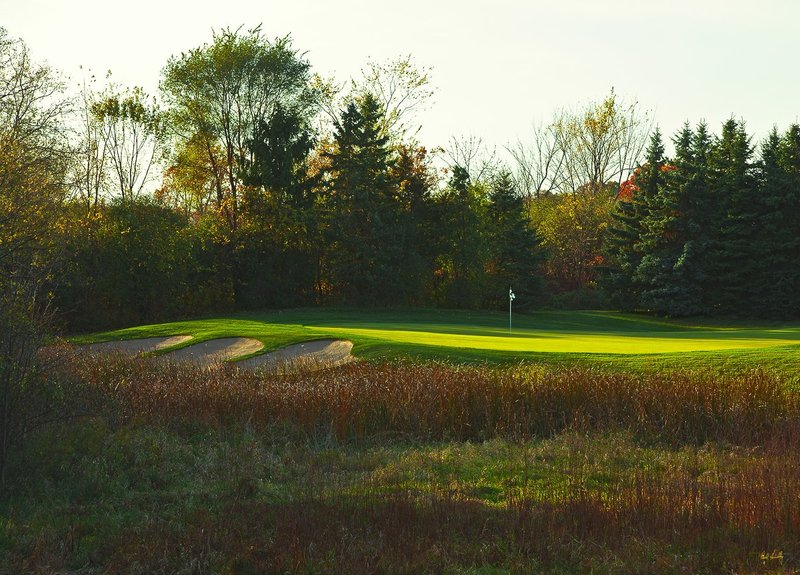 C111--0651  1200px  V1  SS with signature.jpg :: The (par 3) 6th hole at Conway Farms GC, a private country club in Lake Forest, Illinois.  Course design by Tom Faxio.  Site of the 2012 USGA Mid Amateur Championship and the PGA's 2013 BMW Championship.  October, 2010.  PM shoot.  Photograph by Paul Hundley.