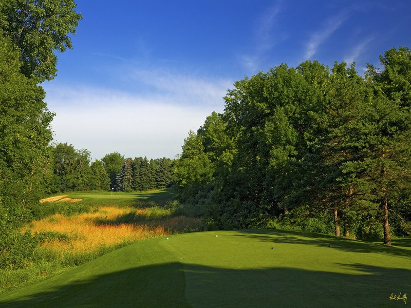 C111--0663  V1  1500px  SS1.jpg :: The par three 6th hole at Conway Farms Golf Club, a private walking-only golf course in Lake Forest, Illinios.  Conway Farms will host the US Mid-Amatuer Championship in 2012 and the BMW Championship in 2013.  Course design by Tom Fazio.  Photograph by Paul Hundley; July, 2013