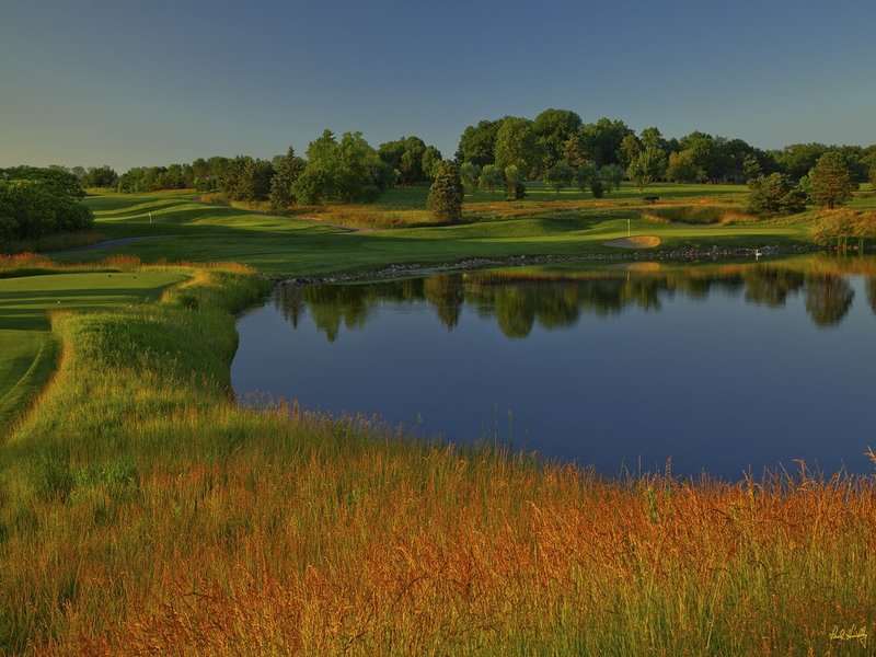 C111--1159  V1  1500px  SS1.jpg :: The par three 11th hole at Conway Farms Golf Club, a private walking-only golf course in Lake Forest, Illinios.  Conway Farms will host the US Mid-Amatuer Championship in 2012 and the BMW Championship in 2013.  Course design by Tom Fazio.  Photograph by Paul Hundley; July, 2013