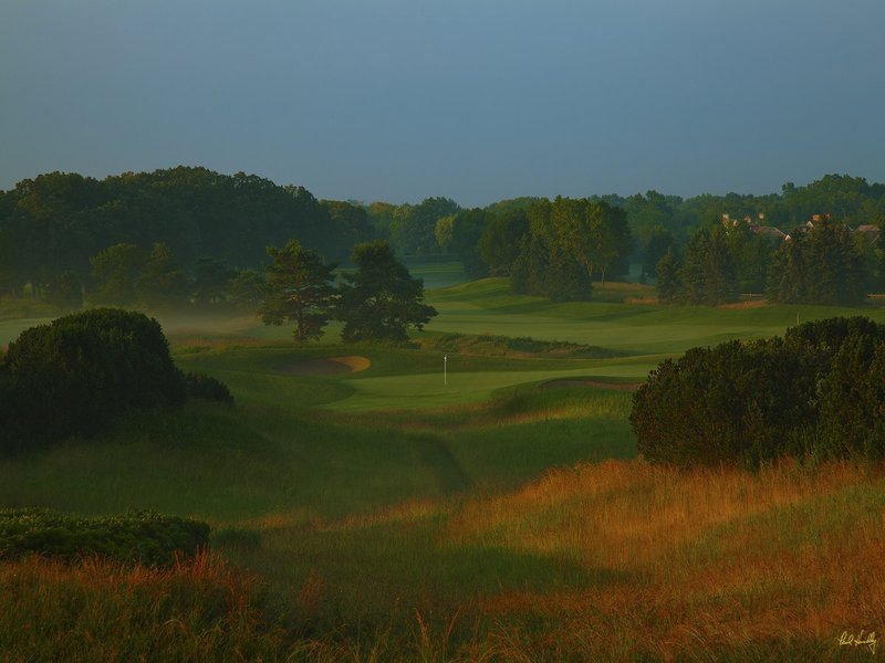 C111--1755  V1  1500px  SS.jpg :: The par three 17th hole at Conway Farms Golf Club, a private walking-only golf course in Lake Forest, Illinios.  Conway Farms will host the US Mid-Amatuer Championship in 2012 and the BMW Championship in 2013.  Course design by Tom Fazio.  Photograph by Paul Hundley; July, 2013