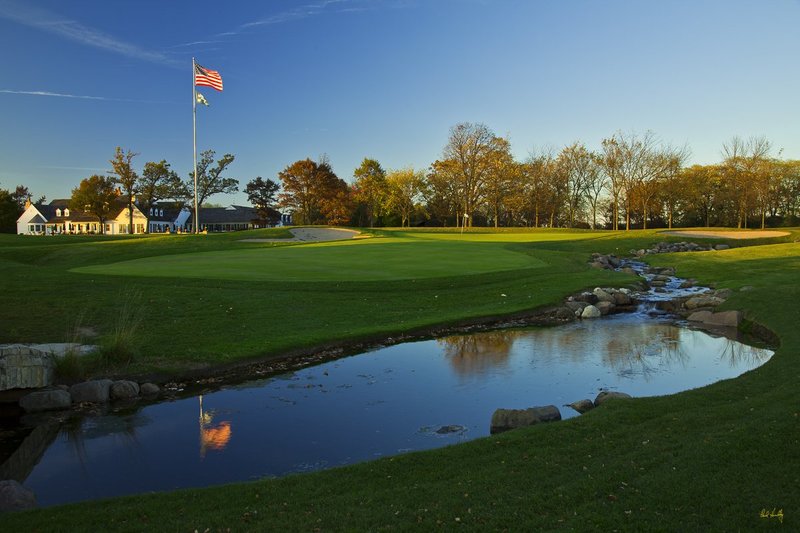 C111--1853  1200px  V1  SS with signature.jpg :: The (par 5) 18th hole at Conway Farms GC, a private country club in Lake Forest, Illinois.  Course design by Tom Faxio.  October, 2010.  PM shoot.  Photograph by Paul Hundley.