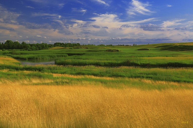 E101--0154  1200px with signature  V2  SS.jpg :: The par 5 opening hole at Erin Hills.  Erin Hills is a daily fee golf course in Erin, Wisconsin.  It was designed by Hurdzan/Fry Designs and Ron Whitten and built by Landscapes Unlimited, LLC.  Photograph by Paul Hundley; July, 2011.