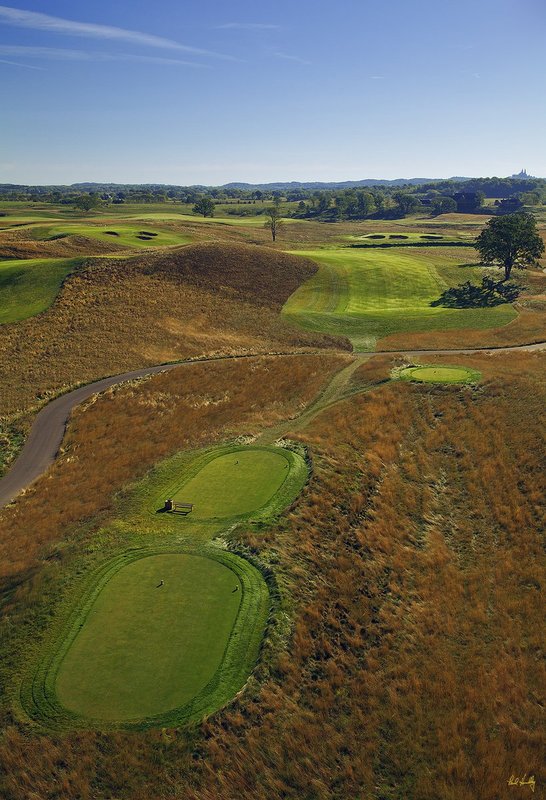 E101--0867  V1  1500px  SS - with signature.jpg :: The 8th hole, a severe dogleg left, at Erin Hills, a daily fee golf course in Erin, Wisconsin.  Erin Hills was designed by Hurdzan/Fry and Ron Whitten and built by Landscapes Unlimited, LLC, and has been choosen to host the 2011 US Amateur Chanpionship and the 2017 US Open Championship.  Photo by Paul Hundley; taken in September, 2012.