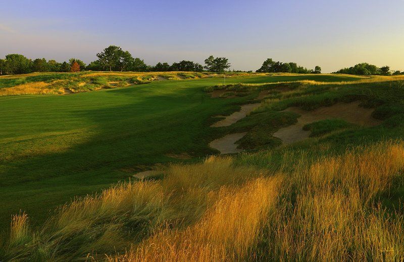 E101--1056  1200px with signature  V2  SS.jpg :: The par 4 tenth hole at Erin Hills.  Erin Hills is a daily fee golf course in Erin, Wisconsin.  It was designed by Hurdzan/Fry Designs and Ron Whitten and built by Landscapes Unlimited, LLC.  Photograph by Paul Hundley; July, 2011.