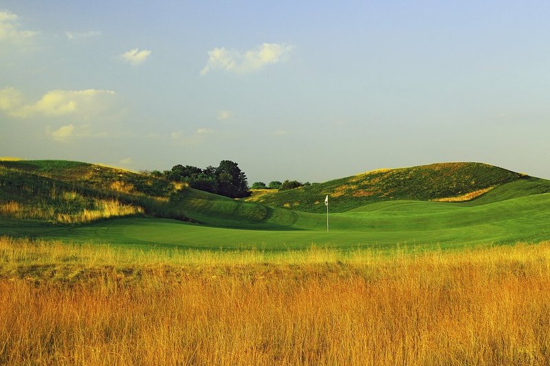 E101--1252  1200px with signature  V2  SS.jpg :: The par 4 twelvth hole (looking back from behind the green) at Erin Hills.  Erin Hills is a daily fee golf course in Erin, Wisconsin.  It was designed by Hurdzan/Fry Designs and Ron Whitten and built by Landscapes Unlimited, LLC.  Photograph by Paul Hundley; July, 2011.