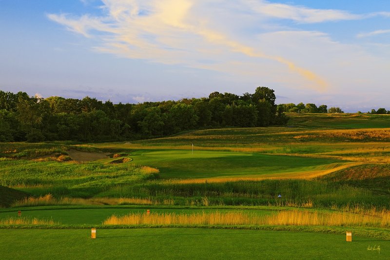 E101--1353  1200px with signature  V2  SS.jpg :: The par 3 thirteenth hole at Erin Hills.  Erin Hills is a daily fee golf course in Erin, Wisconsin.  It was designed by Hurdzan/Fry Designs and Ron Whitten and built by Landscapes Unlimited, LLC.  Photograph by Paul Hundley; July, 2011.