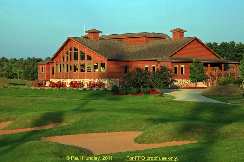 FPO proof - N103--0052-02  12x18  aRGB 5DMk2-16  RAW.jpg :: The clubhouse at The Castle Course at Northern Bay Resort, a public resort golf club located in Arkdale, WIsconsin.  The Castle Course is a mix of original holes and replicas of some of America's most famous golf holes.  June,  2011; AM shoot.  Photograph by Paul Hundley.