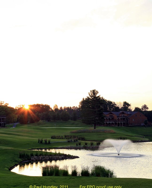 FPO proof - N103--0250-01  12x18  aRGB 5DMk2-16  RAW.jpg :: Sunrise over the par 3 second hole at The Castle Course at Northern Bay Resort, a public resort golf club located in Arkdale, WIsconsin.  The Castle Course is a mix of original holes and replicas of some of America's most famous golf holes. June,  2011; AM shoot.  Photograph by Paul Hundley.